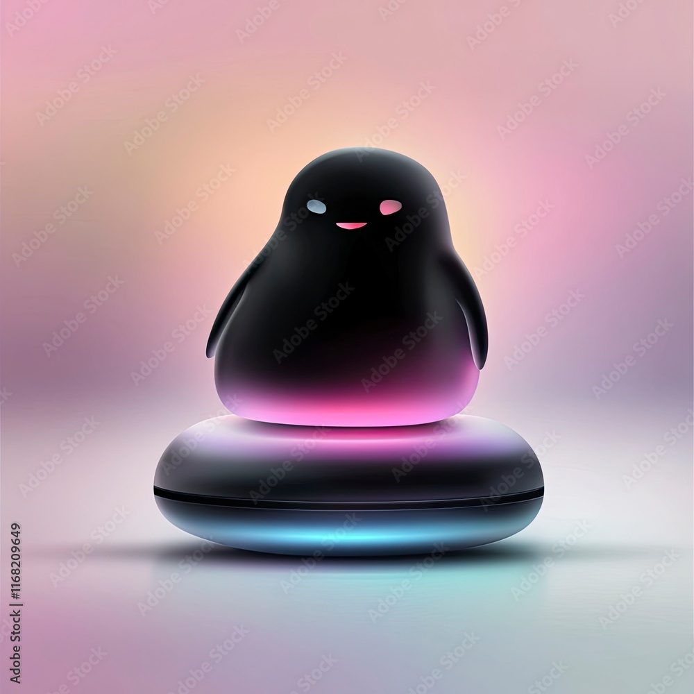 Poster playful abstract character with a glowing base, blending modern design and whimsy in a soft pastel s