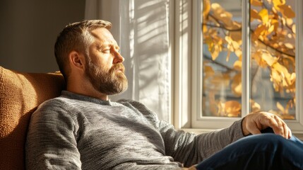 Fototapeta premium Peaceful relaxation of a man in cozy living room with autumn light indoor lifestyle calm environment warm viewpoint
