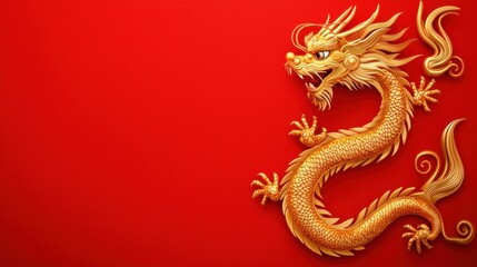 Majestic Chinese Dragon with a Body Encrusted in Shimmering Glittering Scales Against a Vibrant Red Background  Mythical Serpentine Creature Representing Power Strength and Auspicious Asian Culture