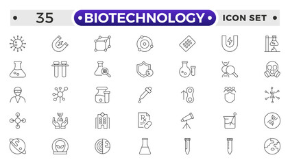 Set of outline icons related to biotechnology, biochemistry, farming, science. Lab and science line icon set. Laboratory equipment icons. Flask, microscope, syringe, pipette, petri dish.