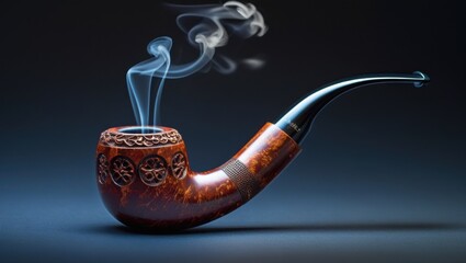 A majestic smoked tobacco pipe, intricately carved with ornate details, rests elegantly on a dark, gradient background that gradates from deep blues to blacks, evoking a sense of luxury and sophistica