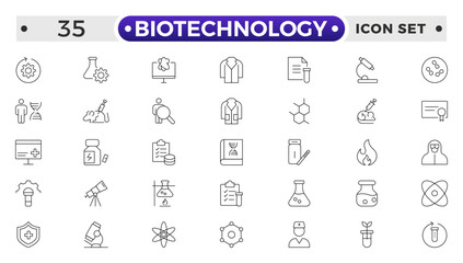 Set of outline icons related to biotechnology, biochemistry, farming, science. Lab and science line icon set. Laboratory equipment icons. Flask, microscope, syringe, pipette, petri dish.