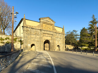 Bergamo, Italy. The old town. Landscape on the old gate named Porta Sant Agostino. It is one of the four access doors to the old city