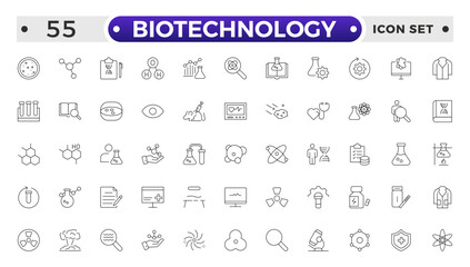 Set of outline icons related to biotechnology, biochemistry, farming, science. Lab and science line icon set. Laboratory equipment icons. Flask, microscope, syringe, pipette, petri dish.