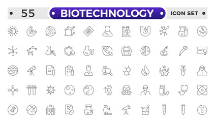 Set of outline icons related to biotechnology, biochemistry, farming, science. Lab and science line icon set. Laboratory equipment icons. Flask, microscope, syringe, pipette, petri dish.