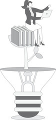 Idea and education concept illustration with businesswoman using laptop sitting on light bulb, knowledge and creativity business concept