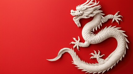 Fototapeta premium Striking and Depiction of a Stylized Chinese Dragon with Intricate Diamond Shaped Patterns in a Bold Red and White Color Scheme