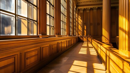 Obraz premium Empty courtroom with dramatic lighting, symbolizing justice, authority, and the solemn atmosphere of legal proceedings in a judicial setting