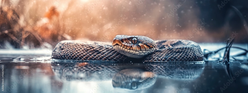 Poster a close-up view of a serpent resting on the water's edge, basking in the sunlight with a tranquil re