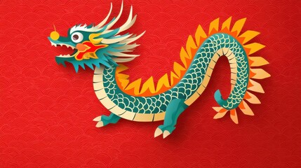 Obraz premium Stylized and vibrant of a Chinese dragon with an intricate diamond pattern in a bold color palette of red blue green and yellow