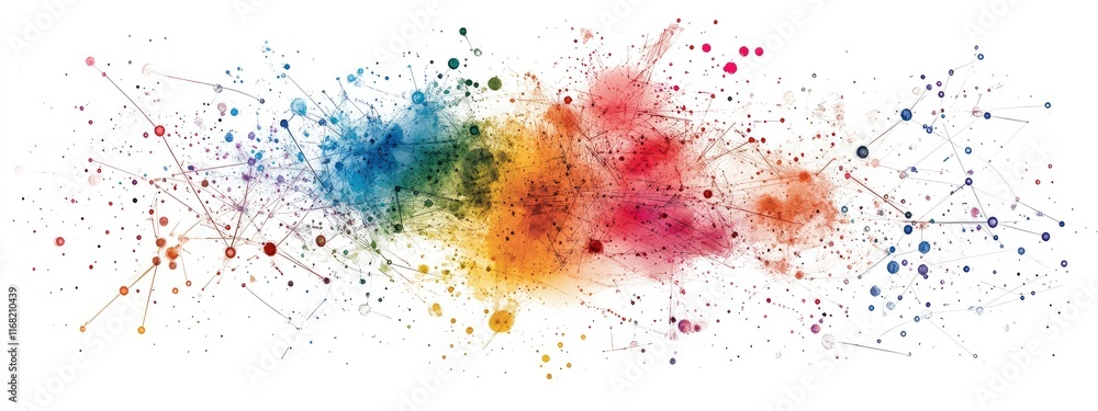 Poster abstract colorful watercolor splashes with interconnecting dots and lines forming a modern artistic 