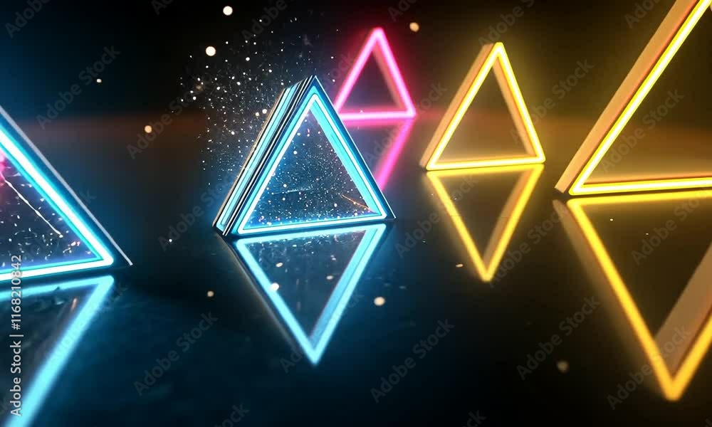 Poster neon triangles with reflections and sparkles creating a vibrant visual effect