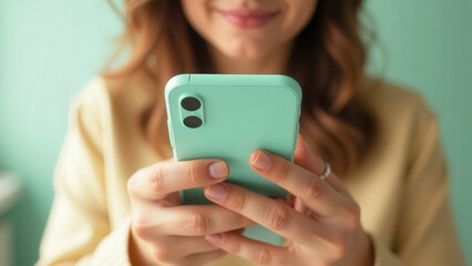 Woman using smartphone with green case and smiling: mobile technology and communication
