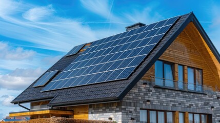 Naklejka premium Solar panels on the gable roof of a beautiful modern home.