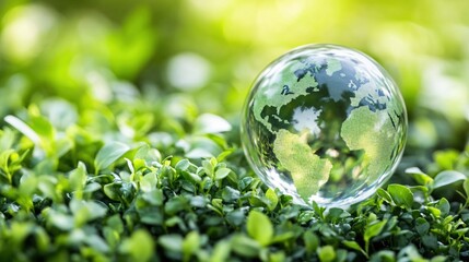 Transparent globe showcasing world map resting on vibrant green foliage background