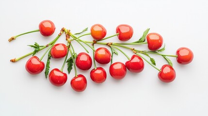 Fresh Red Cherries on a Branch Displayed on White