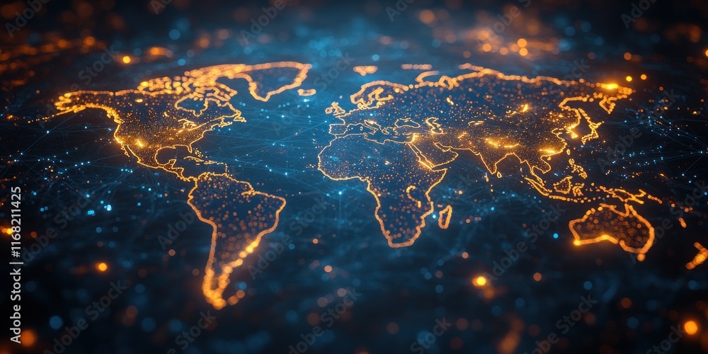 Poster futuristic cyberpunk world map concept of global network connectivity data transfer and communicatio
