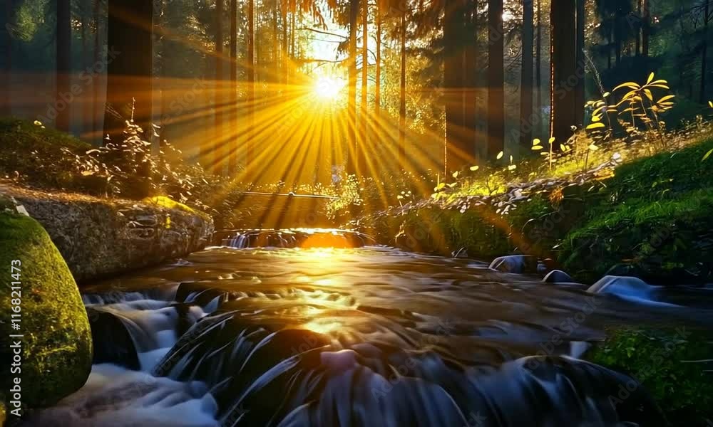 Poster serene forest scene with sunlight streaming through trees over a flowing stream