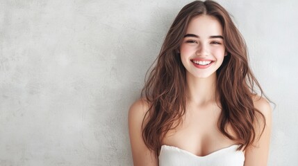 Fototapeta premium Smiling young woman portrait indoor setting photography bright environment close-up view positive vibes
