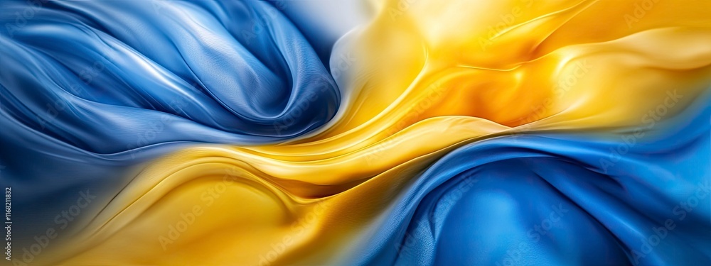 Poster a dynamic swirl of silk fabric in blue and yellow hues, representing movement and texture in a capti