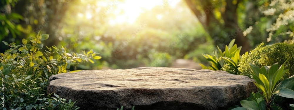 Poster a serene stone platform surrounded by lush greenery and soft sunlight filtering through trees in a p