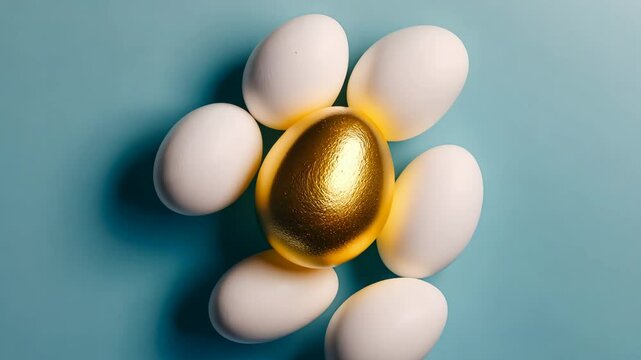 Golden Egg Surrounded by White Eggs on a Soft Blue Background