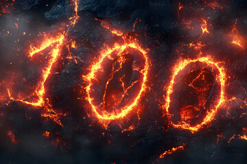 Number 100 (one hundred) crafted entirely from molten magma or lava and blazing fire. Majestic elegance glowing with fiery cracks like molten surface of active volcano. Red and orange hues radiate.