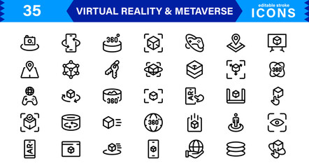Versatile VR and Metaverse Icons. Line Art Graphics for Augmented Reality, Virtual Worlds, and Digital Interaction