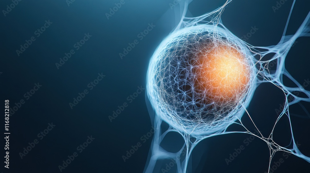 Poster abstract representation of a cell with neural connections and energy.