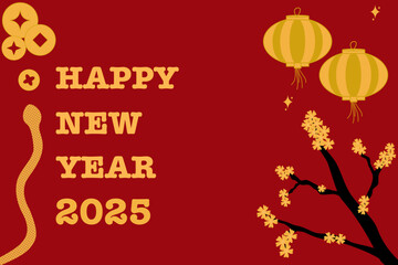 Chinese New Year of Snake 2025 with gold snakes, flowers, coin, gold, lantern | Lunar new year 2025 | Festive Gift Card Templates | Festive Ads, Web Poster, Flyers, Brochures, Greeting Cards, Elements