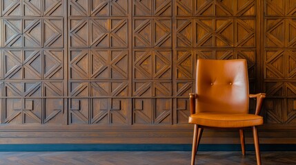 Modern brown leather chair against textured wooden wall interior design contemporary cozy atmosphere