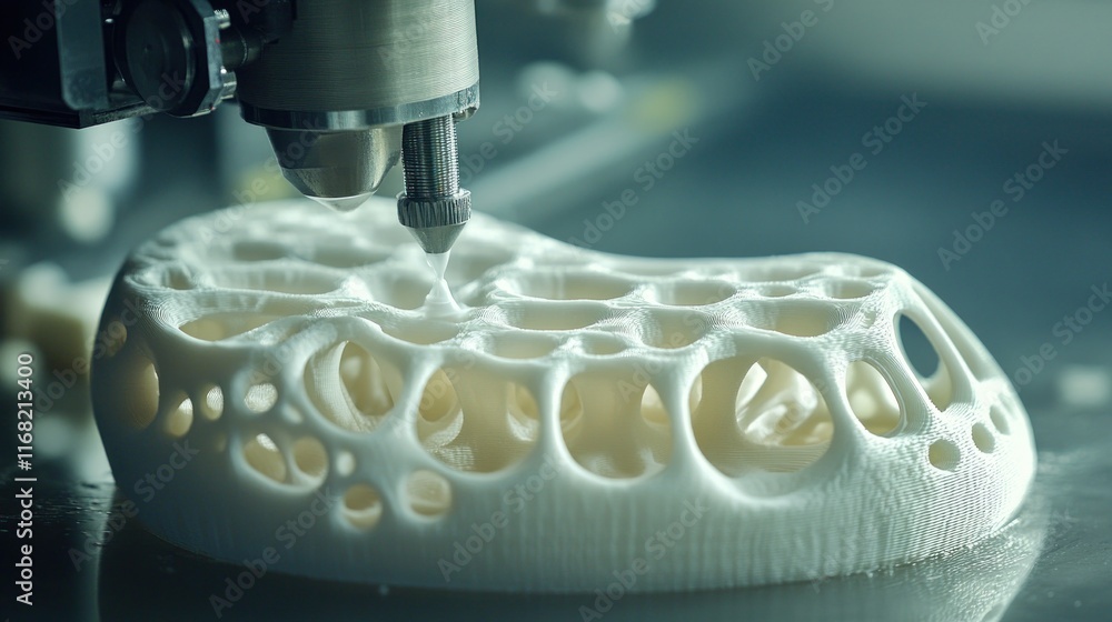 Poster A 3D printer creating a complex, porous structure for industrial or design applications.
