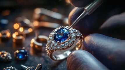Jeweler Crafting Sapphire Ring with Intricate Details in a Workshop Surrounded by Tools and Gemstones