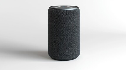 A Black Cylindrical Smart Speaker Stands on White Background