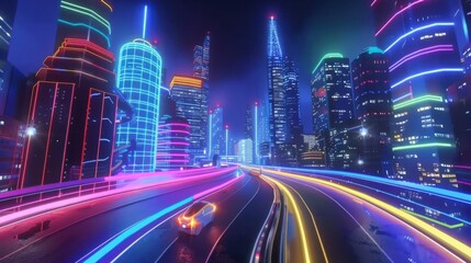 Fototapeta premium Futuristic cityscape at night with glowing neon lights, skyscrapers, and a car driving on illuminated highways.