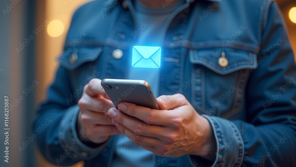 Poster man using smartphone with email notification, online communication and digital messaging