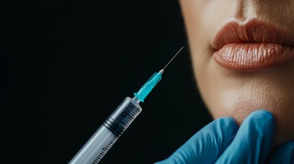 Administering cosmetic injections medical clinic photography close-up dramatic lighting beauty enhancement