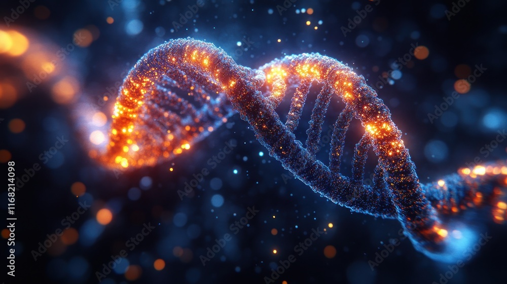 Poster close-up view of dna double helix with bokeh effect and soft lighting in hyper-realistic digital art