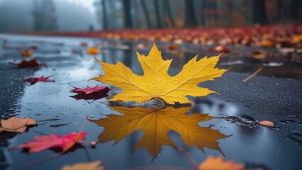 Vibrant fall colors reflected on wet pavement, with a solitary, golden-yellow autumnal maple leaf lying flat, its delicate veins and tendrils glistening with dew, surrounded by a scattering of brown a