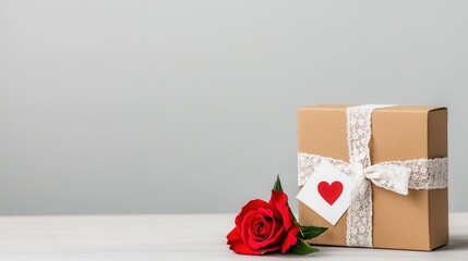 An elegant gift box wrapped in brown paper and tied with a delicate lace bow set against a soft floral background with a single red rose  The image conveys a sense of thoughtful gift giving