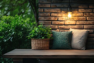 Fototapeta premium Cozy outdoor seating area with blurred background of a garden wall 