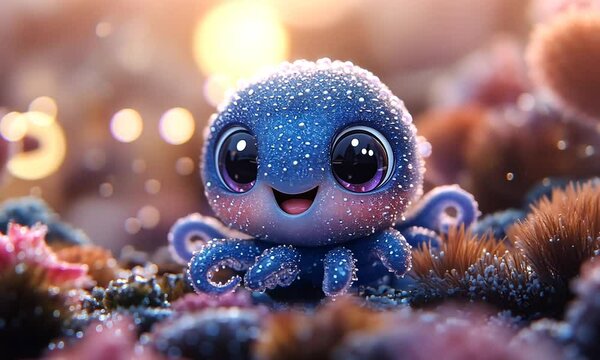 Cute, sparkling blue octopus with large eyes and a joyful expression