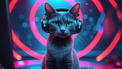 A sleek grey cat with bright green eyes, delicate whiskers, and a slender physique is sitting in front of a modern computer setup, surrounded by a halo of vibrant red lights that cast an ethereal glow