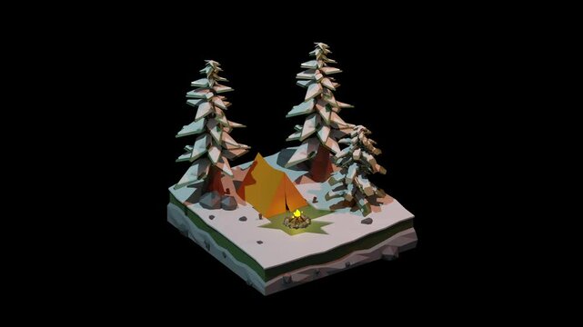 3d lowpoly animation camp site in snowy forest with transparent background