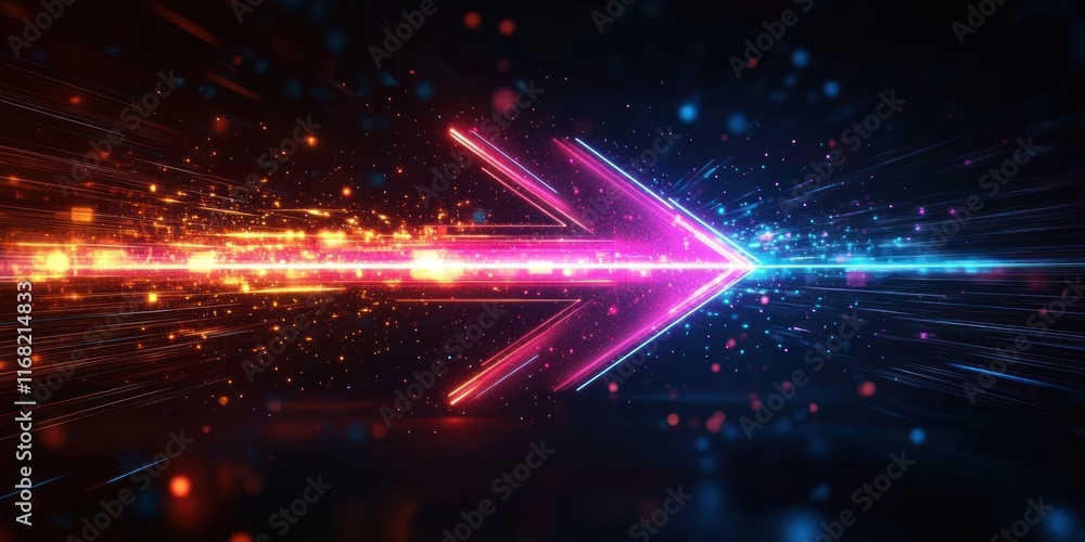 Poster dynamic futuristic neon arrow in motion with light trails on dark background