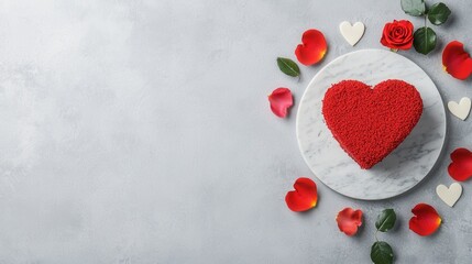Beautifully crafted heart shaped red velvet cake resting on a marble plate surrounded by rose petals and leaves creating a romantic and elegant still life composition