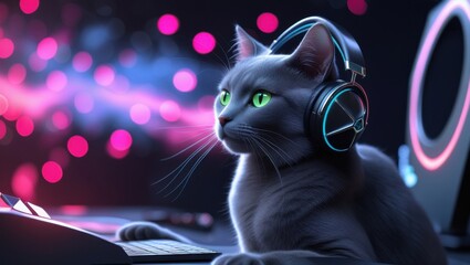 A sleek grey cat with bright green eyes, delicate whiskers, and a slender physique is sitting in front of a modern computer setup, surrounded by a halo of vibrant red lights that cast an ethereal glow