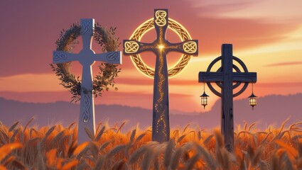 A serene autumnal landscape with three majestic crosses, symbolizing Peace, Hope, and Remembrance, standing tall amidst a sea of golden wheat, rustling leaves, and vibrant orange hues, set against a b