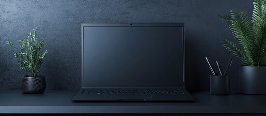 Fototapeta premium Dark Minimalist Workspace: Laptop, Plants, and Pencils