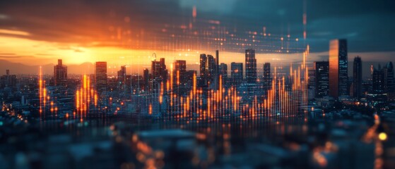 Obraz premium Futuristic Cityscape with Digital Data Overlay at Sunset, Illuminated Skyscrapers and Vibrant Skyline Reflecting Modern Technology and Innovation